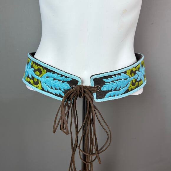 Tory Burch woven belt all over embroidery fringe tie boho hippie vintage 70s